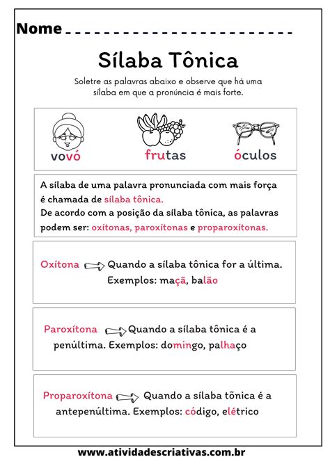 Sílaba tônica: oxítona, paroxítona e proparoxítona.